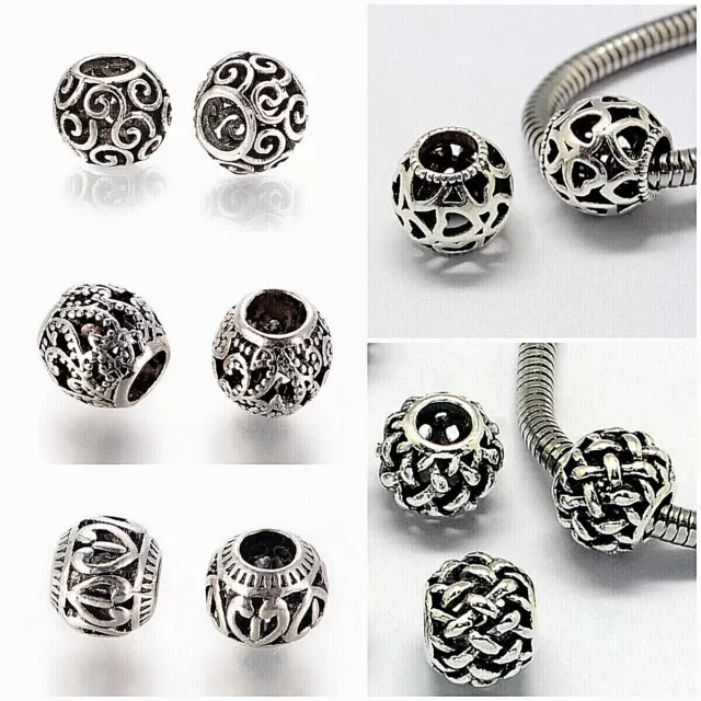 10 ROUND~ANTIQUE SILVER~HOLLOW~EUROPEAN~METAL BEADS, 10x 9.5 mm, LARGE HOLE