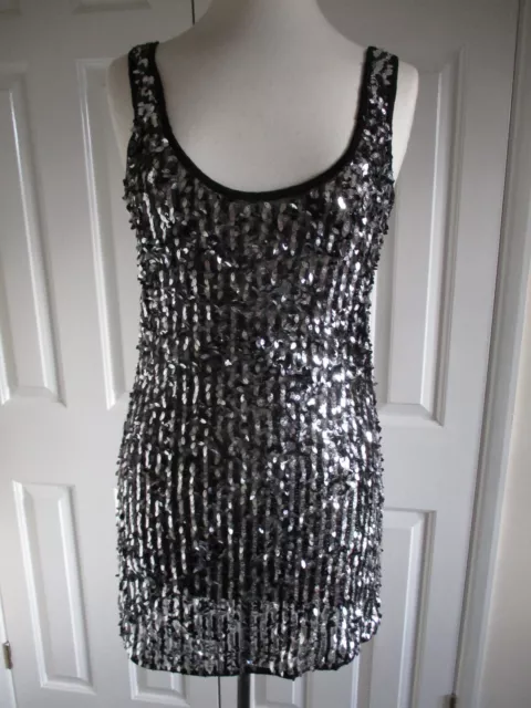 River Island - Black/silver sequin embellished mesh, mini dress - UK10/EU36