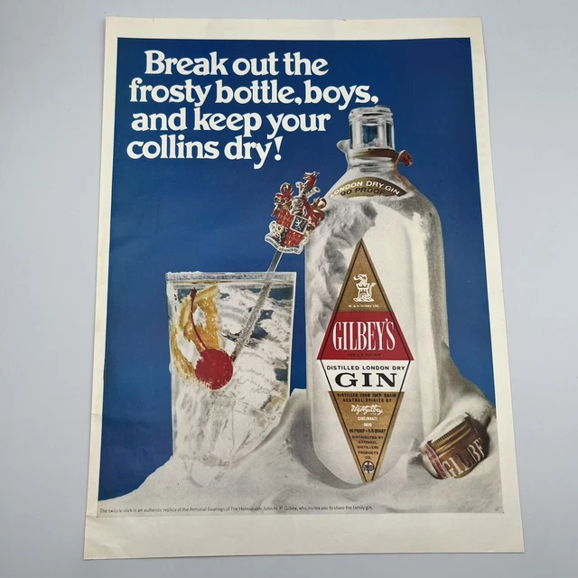 Gilbey's London Dry Gin 1968 Vintage Print Ad 10"x13.5" keep your collins dry