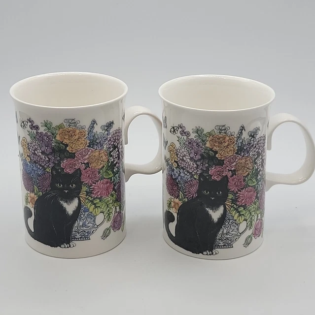 Dunoon Sophisticats Flowers And Cats Coffee Mugs Set Of 2 Design By Sue Scullard