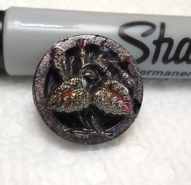 Antique Black Glass Picture Button 3/4" FLOWERS