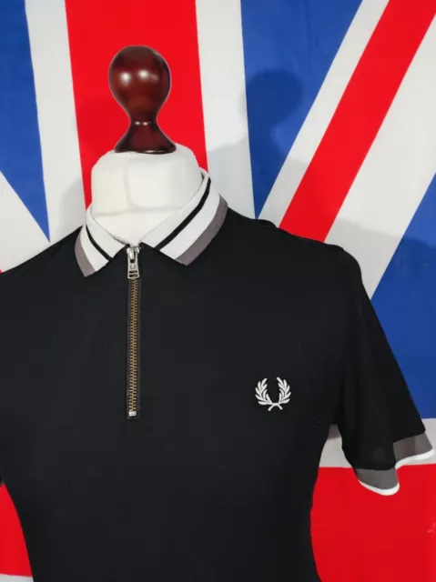 Fred Perry Tipped Zip Polo - M - Black - Mod Casuals 60's