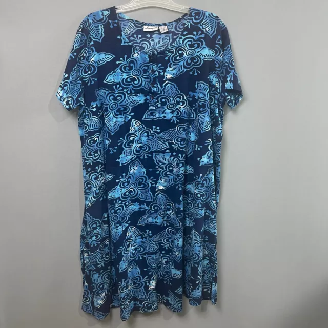 Loungees Dress Women's 3X Blue Short Sleeve Floral Print Cotton MuuMuu House