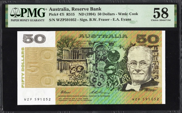 Australia 50 Fifty Dollars 47i R515 1994 Fraser Evans PMG58 Choice aUNC Banknote