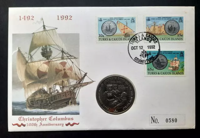 Turks & Caicos "SHIPS ~ 500th ANN OF CHRISTOPHER COLUMBUS" Coin Cover PNC 1992