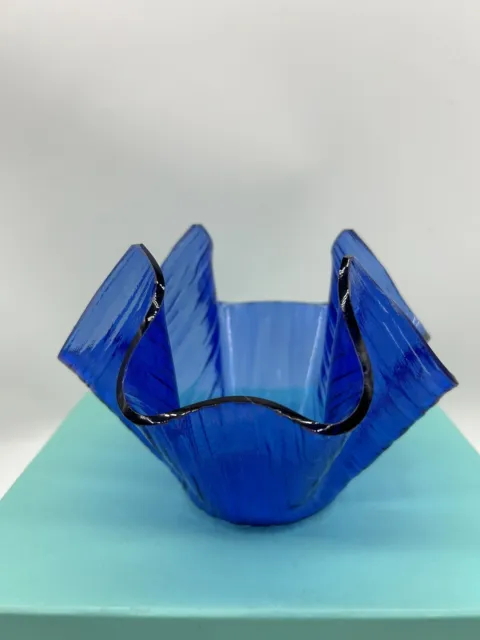 Vintage Glass Handkerchief Bowl Vase Textured Chance Bros  Blue Mid Century