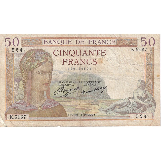 [#195682] France, 50 Francs, Cérès, 1936, TTB, Fayette:17.31, KM:81