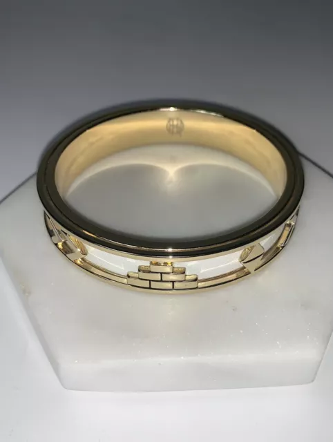 HOUSE OF HARLOW 1960 Aztec Gold Tone White Leather Bangle Bracelet