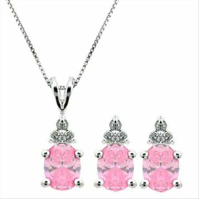 925 Argent Rose & Zircon Transparent Trois Pierre Boucles Et Ensemble Pendentif