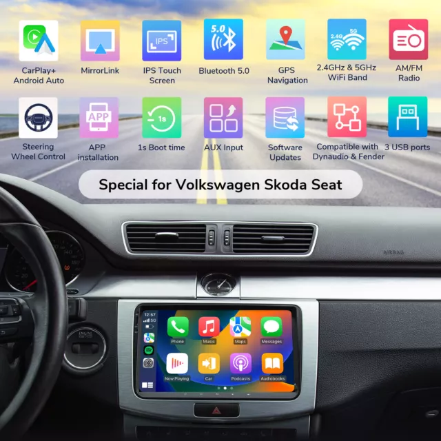 For VW Golf Jetta Passat 9" wireless Android 13 Auto CarPlay Car Stereo Radio BT 3