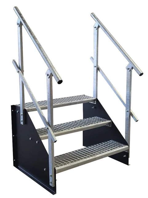 3 Stufen Treppe Breite 60 - 160 cm Stahltreppe Höhe 63 cm schwarz 2x Geländer