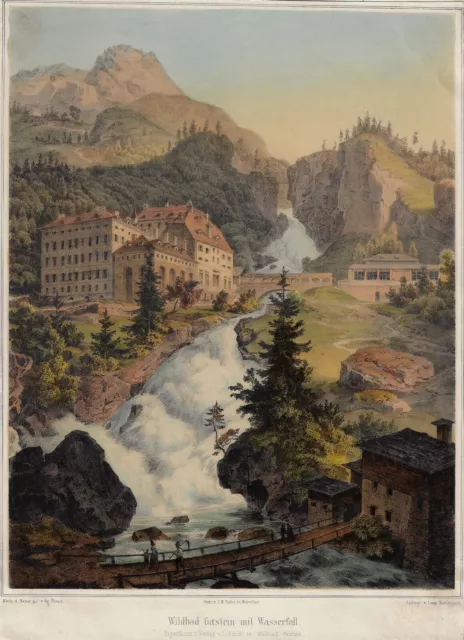 WILDBAD GASTEIN mit Wasserfall, Gesamtansicht um 1849, große Lithographie