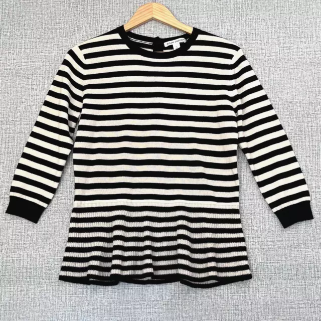 Autumn Cashmere Sweater Womens L Cream/Black Striped Long Sleeves Peplum Hem