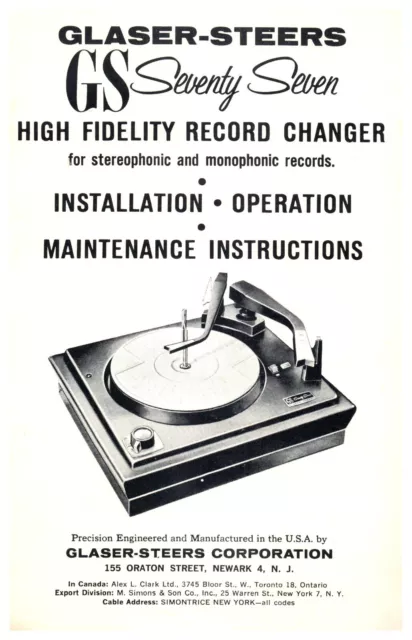 1960s GLASER-STEERS GS-77 TURNTABLE RECORD PLAYER MANUAL