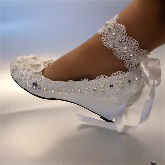 su.cheny White ivory wedge pearls lace ribbon anklet Wedding Bridal heels shoes