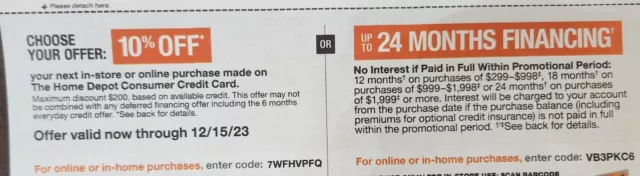 Home Depot Coupon 10% off  Or Up To 24 Mo Financing Expiration 12/15/2023