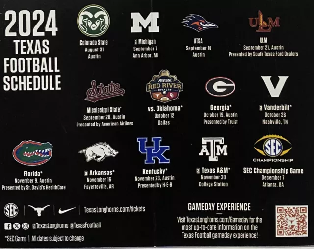 EWERS QB 2024 TEXAS LONGHORNS UT Schedule 🏈 College Football Sked NEW‼