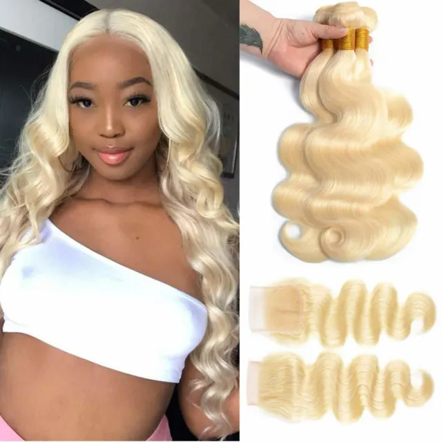 613 Bundles with Closure Peruvian Hair Blonde Body Wave Human Hair Bundles 12"x3