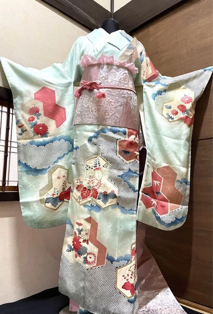 Kimono & Obi +accessories set M size long sleeves Japanese furisode belt #21