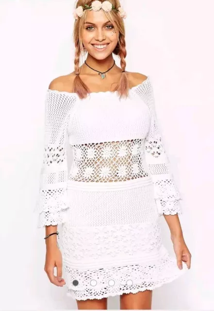 ASOS Crochet Dress US 0 White Ruffle 3/4 Sleeves On Or Off Shoulder NWOT