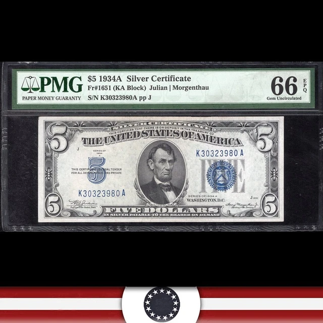 1934-A $5 SILVER CERTIFICATE *K-A Block*  PMG 66 EPQ Fr 1651 23980