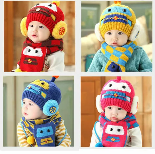 Car Baby Boys Girls Kids Winter Warm Hats Scarf and Cap Set Earflap Beanie Gift