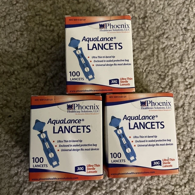 Lote de 3 cajas de 100 con aguja estériles para prueba diabética Aqualance 30G