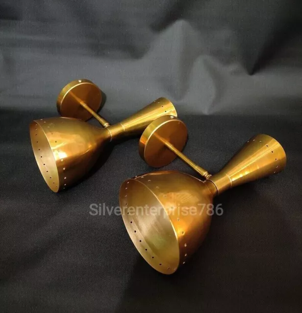 Light Fixture 2 Bulb Pair 1950's Mid Century Brass Italian Diabolo Wall Sconce 3