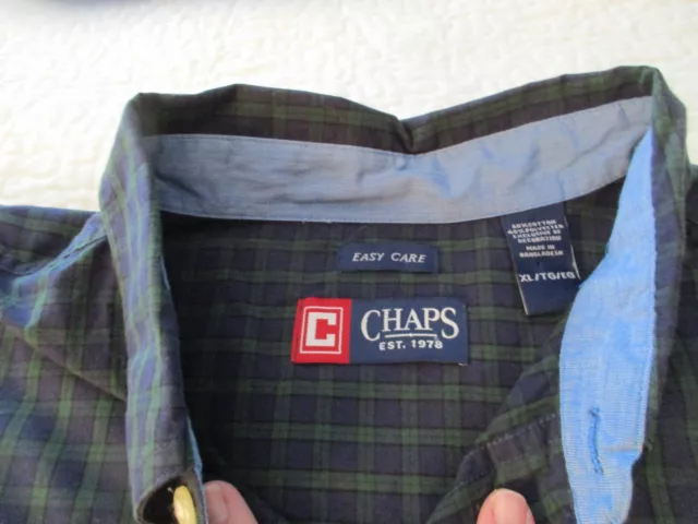 Chaps Mens Button Down Shirt Easy Care Long Sleeve Dark Blue Green Plaid Size XL