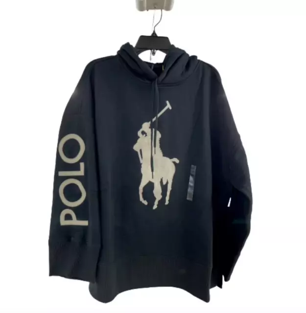 Polo Ralph Lauren Womens OVERSIZED Big Pony Logo Fleece Hoodie Black Size Medium