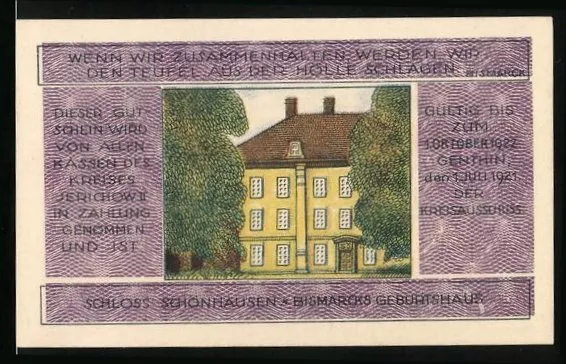 Notgeld Genthin 1921, 3 Mark, Bildnis Fürst Bismarck, Bismarcks Geburtshaus, Ba