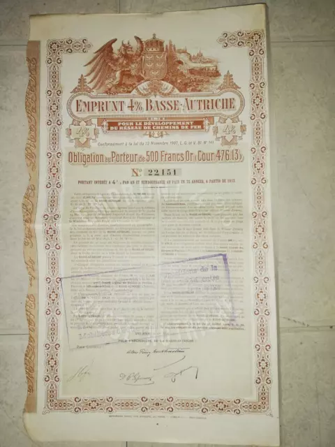 Emprunt 4% Basse-Autriche Reseau De Chemins De Fer 500 Francs.1911