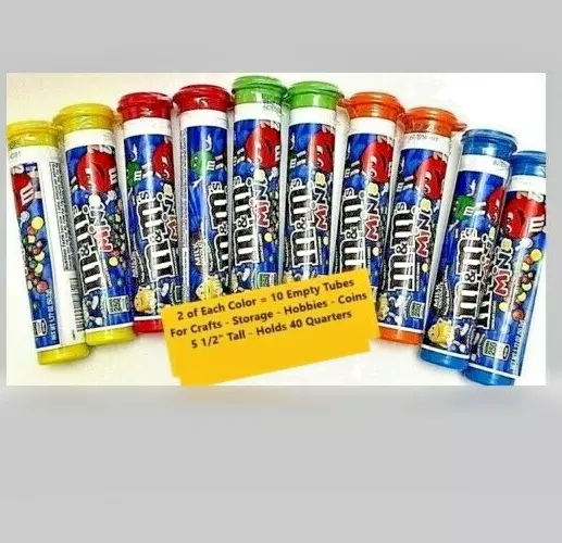 10 EMPTY M&M's MINIS  5-5/8" STORAGE CANDY TUBES - 2 Ea of 5 Colors