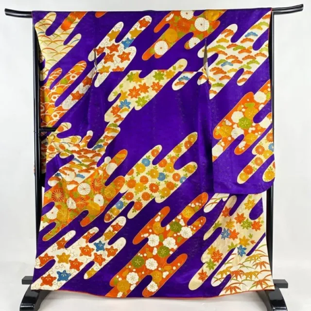 Japanese Kimono Furisode Pure Silk Chrysanthemum Gold Thread Embroidery Purple