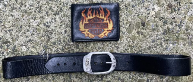 Genuine Harley Davidson Mens Black Leather Belt & Wallet