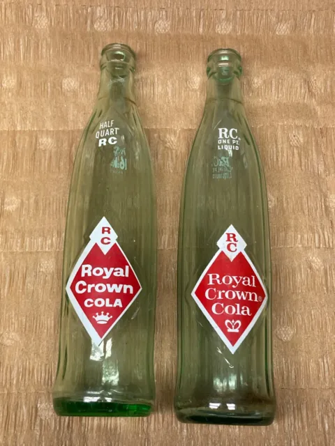 2X Bottles - Vintage Royal Crown RC Cola, Half Quart, One Pint, Green Glass