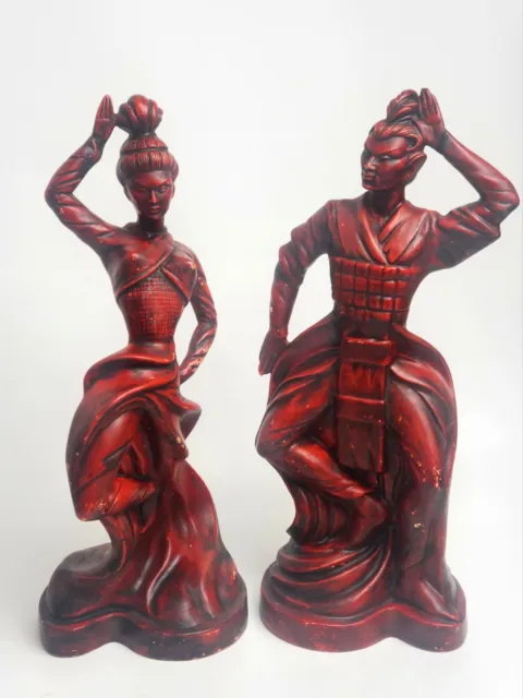 Vtg Pair Of Asian Balinese Dancers Gilner Pottery of California Hand Painted-Red
