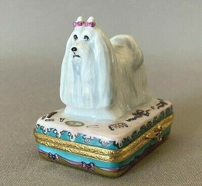 Limoges France Long Haired White Schnauzer Trinket Box Limited Edition