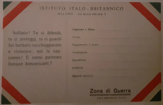 Cartolina Istituto Italo-Britannico Soldati Zona Di Guerra