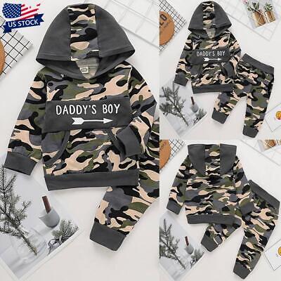 2PCS Newborn Baby Boy Camo Tracksuit Hooded Pullover Tops Long Pants Outfits Set