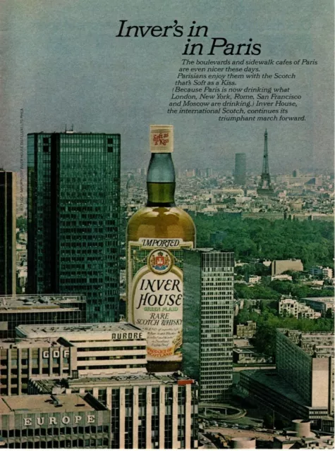 1975 Inver House Green Plaid Rare Scotch Whisky Paris Skyline Buildings Print Ad