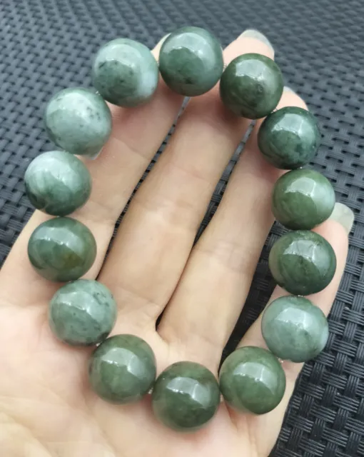 Certified Oily Green Burma Natural A Jadeite Carved 14MM Bead Stretchy Bracelet