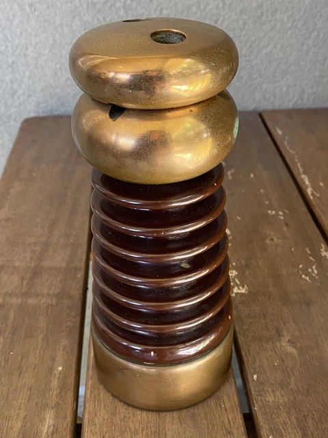 Rare Vintage Brass & Brown Porcelain High Voltage Insulator Steampunk Lab Prop 6