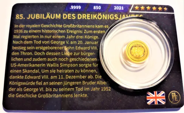 85.Jubiläum Gold Münze des Dreikönigsjahres 1936 England Gold ,9999 - 2021 / Neu