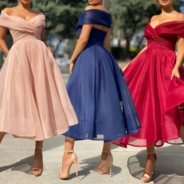 Womens Off Shoulder Swing Dress Evening Party Cocktail Prom Bridesmaid Skater UK