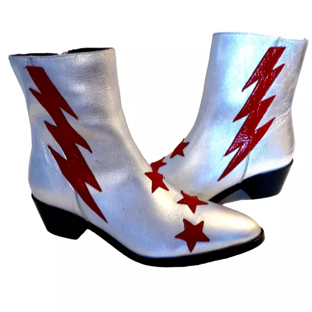 NEW Modern Vice Designer Bolt Lightning Leather Boots Silver Red Bowie Sz 7, 37