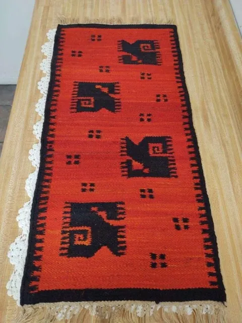 Vtg. textile wool woven tapestry rug; Mexican. Black, red, and orange.