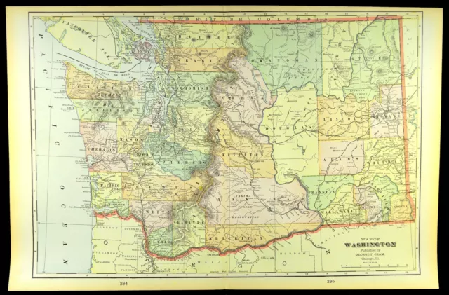 Vintage WASHINGTON Map State Wall Art Decor Original Seattle Tacoma Antique 3