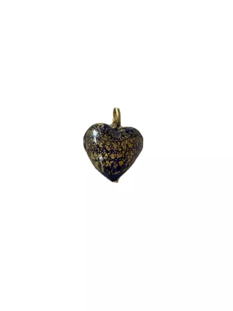 14K Gold Murano Cobalt Blue Glass Heart Charm / Pendant Gold Leaf in Glass