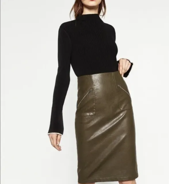 ZARA FAUX LEATHER Olive Green Midi Skirt Size UK L £19.00 - PicClick UK